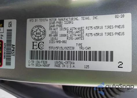 2020 Toyota Tundra из США, поврежденный, VIN 5TFUY5F15LX925330